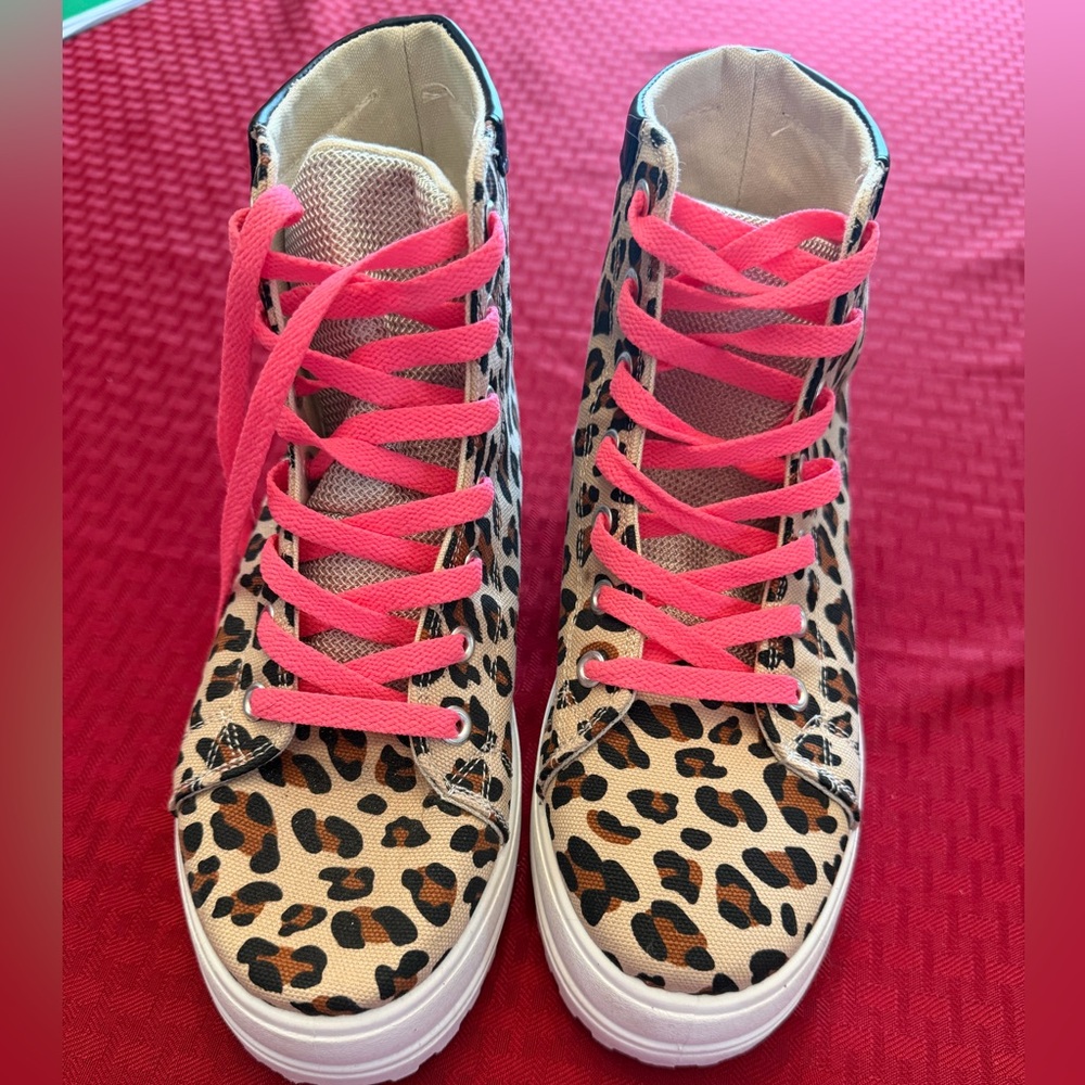 Yoki Leopard Print Sneakers with Bright Pink Laces